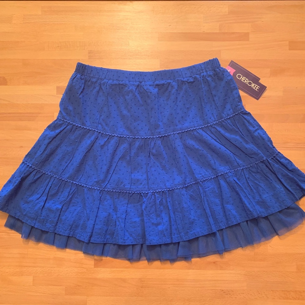 Cherokee Girls Blue Dot Ruffled Tiered Skirt with Tulle Trim Size XL 14/16